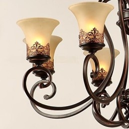 Lustre Pendente Luz 6 Luzes Abajur Para Baixo Vintage Country Metal+Vidro