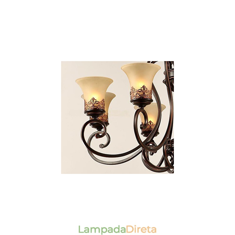 Lustre Pendente Luz 6 Luzes Abajur Para Baixo Vintage Country Metal+Vidro
