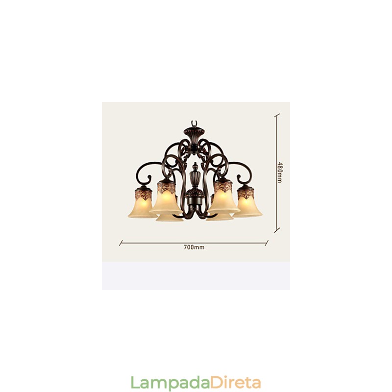 Lustre Pendente Luz 6 Luzes Abajur Para Baixo Vintage Country Metal+Vidro