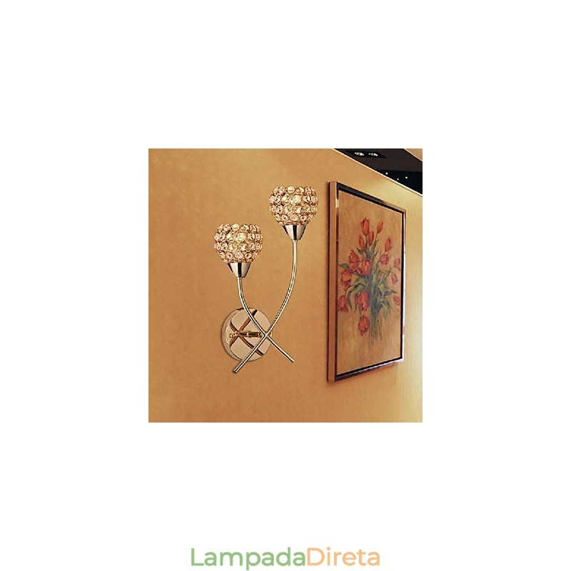 Luminária de parede dourada de cristal com 2 luzes