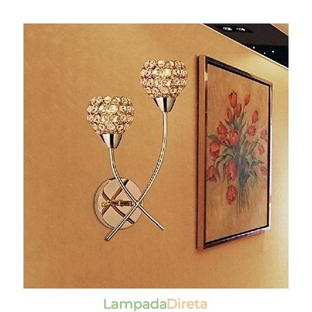 Luminária de parede dourada de cristal com 2 luzes Luminária de parede dourada de cristal com 2 luzes