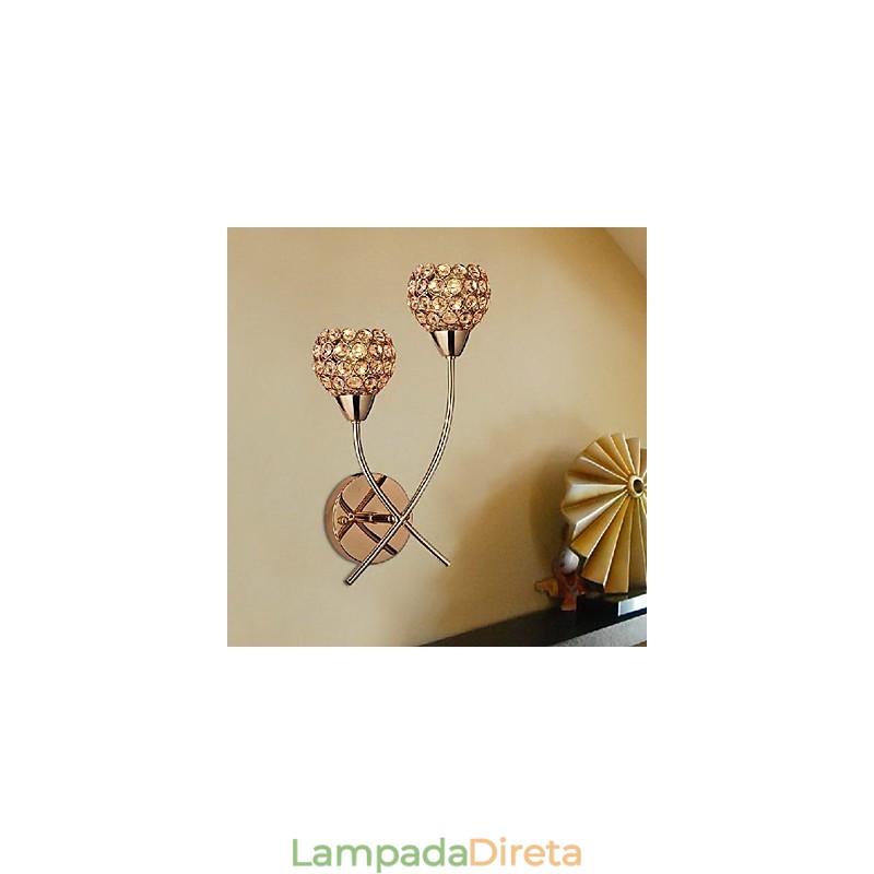 Luminária de parede dourada de cristal com 2 luzes