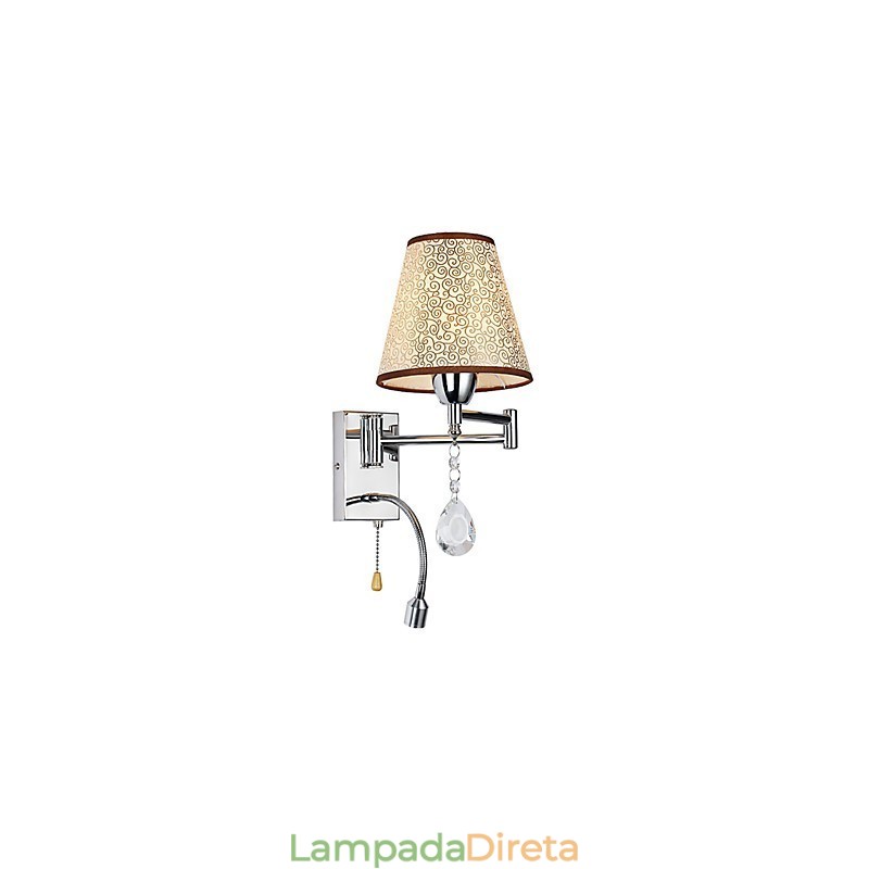 Luminária de parede para quarto, luminária de leitura, luminária de tecido, moderna, contemporânea, estilo country, cromada, com recurso para braço oscilante de cristal