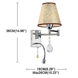 Luminária de parede para quarto, luminária de leitura, luminária de tecido, moderna, contemporânea, estilo country, cromada, com recurso para braço oscilante de cristal