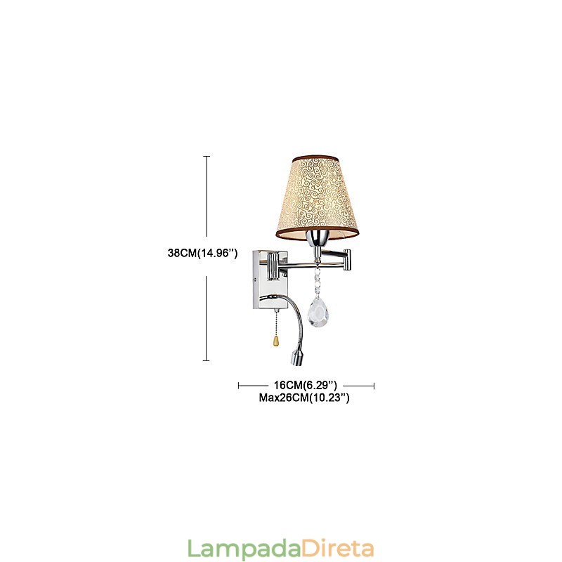 Luminária de parede para quarto, luminária de leitura, luminária de tecido, moderna, contemporânea, estilo country, cromada, com recurso para braço oscilante de cristal