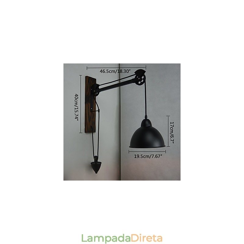 Luminária de parede estilo country americano retrô criativa Luminária de parede com polia de madeira