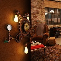 Luminárias de parede de tubo industrial vintage em forma de engrenagem de madeira Luzes giratórias criativas para decoração de restaurante, café, bar