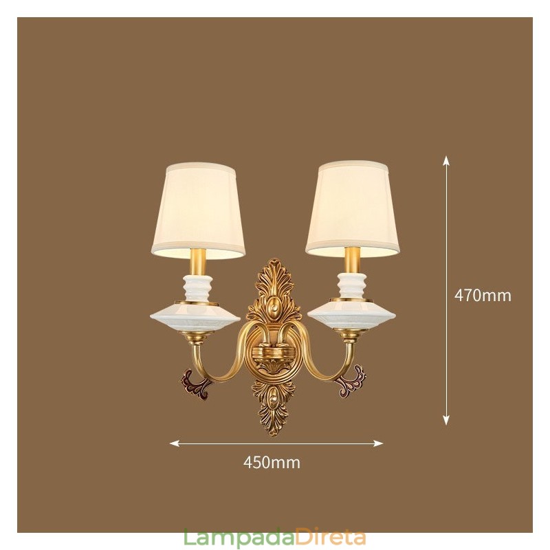 100% latão puro luxuoso rústico retrô vintage latão cerâmica 2 velas luz de parede com abajures de tecido especial para hotel escritório showroom sala de estar sala de jantar