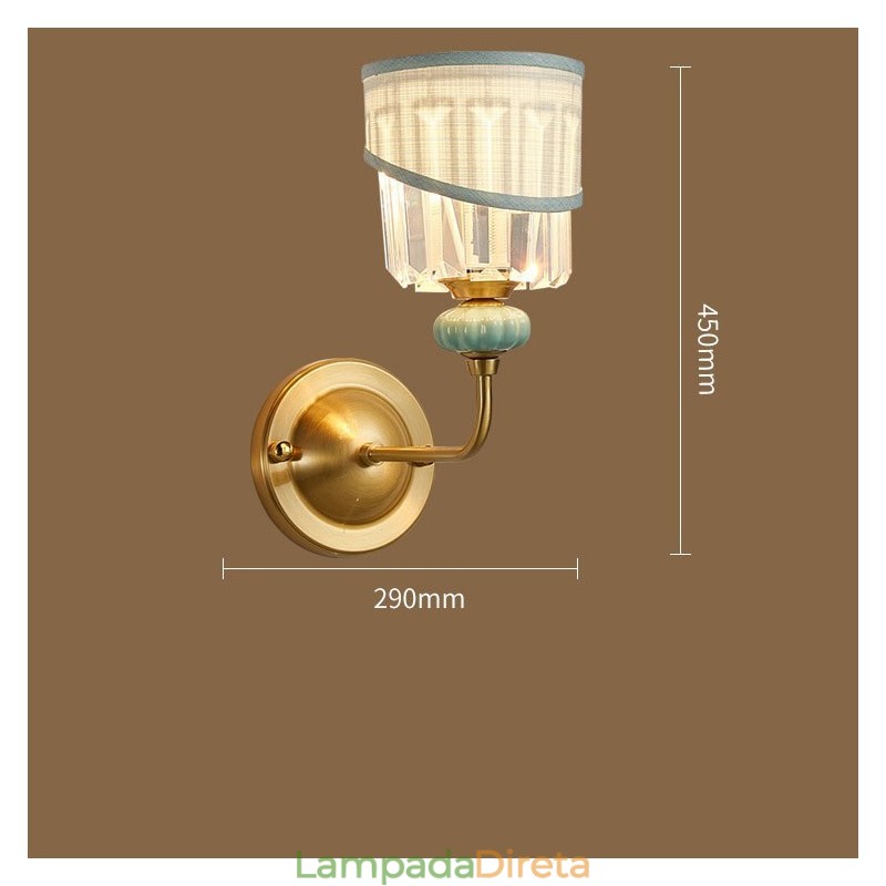 Pure Brass Luxuoso Rústico Retro Vintage Latão Cerâmica 1 Luz Vela Parede Luz com Tecido e Cristal Sombra Especial para Hotel Escritório Showroom Sala de Estar Sala de Jantar