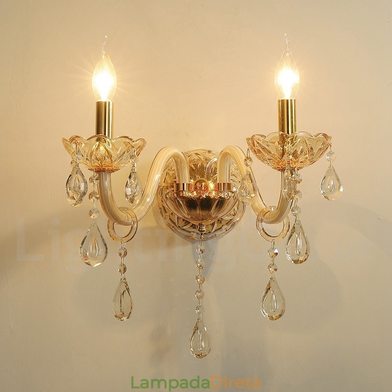 2 Luzes Ouro K9 Cristal Vela Retro Vidro Parede Luz