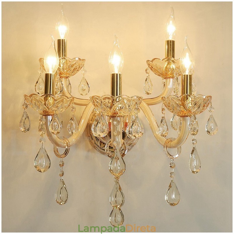 5 Luzes Ouro K9 Cristal Vela Retro Vidro Parede Luz