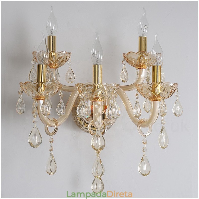 5 Luzes Ouro K9 Cristal Vela Retro Vidro Parede Luz
