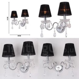 2 Luzes Cromadas Prata K9 Cristal Vela Retro Vidro Parede Luz com Tecido Preto Abajures