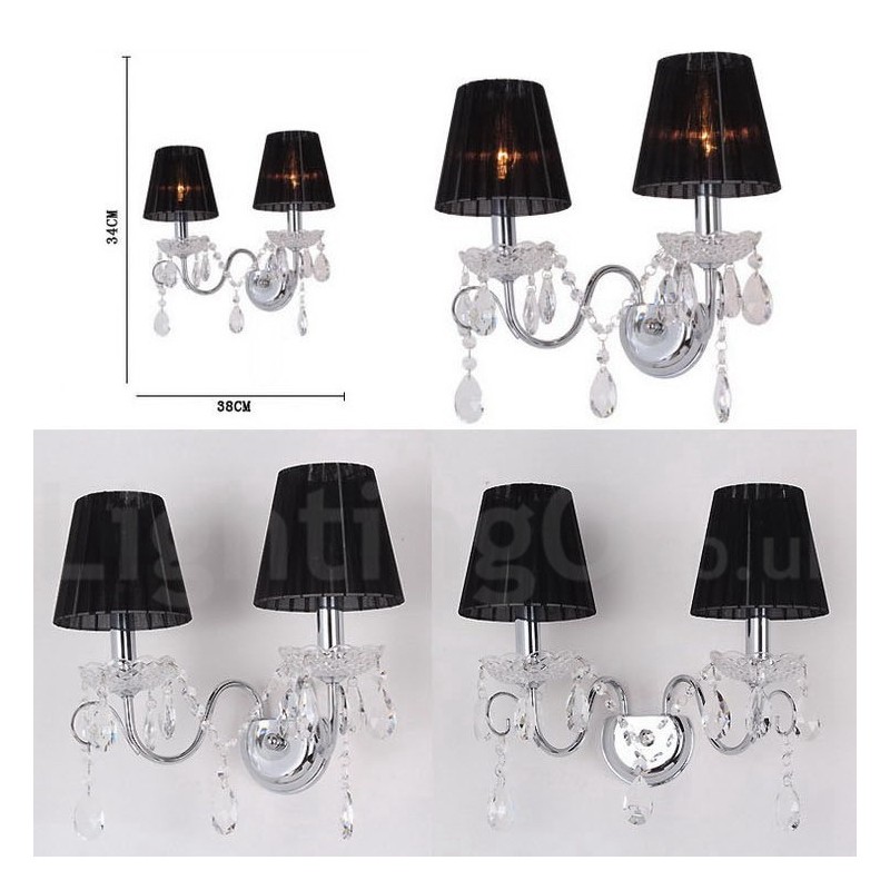 2 Luzes Cromadas Prata K9 Cristal Vela Retro Vidro Parede Luz com Tecido Preto Abajures