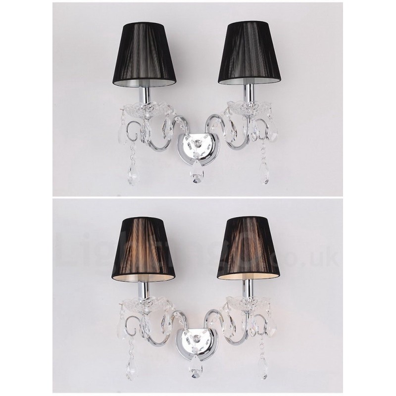 2 Luzes Cromadas Prata K9 Cristal Vela Retro Vidro Parede Luz com Tecido Preto Abajures