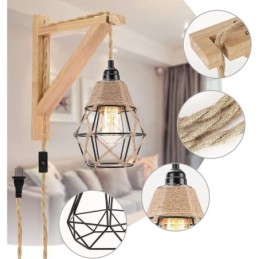 Luminária de parede de ferro com corda de cânhamo, luminária de parede retrô pastoral americana com plugue