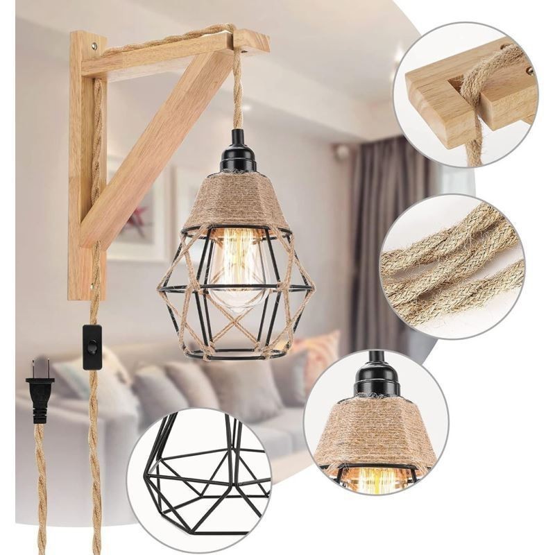 Luminária de parede de ferro com corda de cânhamo, luminária de parede retrô pastoral americana com plugue