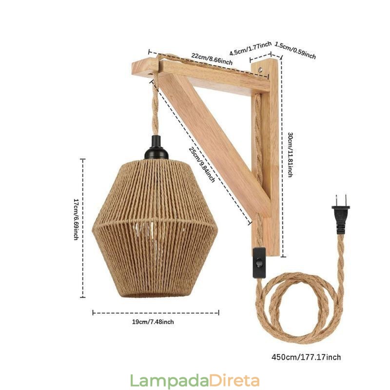Luminária de parede de corda de papel American Pastoral Retro com plugue