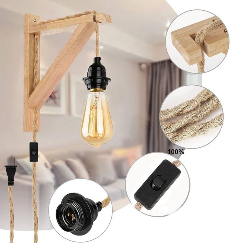 Aplique de parede de madeira maciça American Pastoral Retro Hemp String Wall Light com plugue