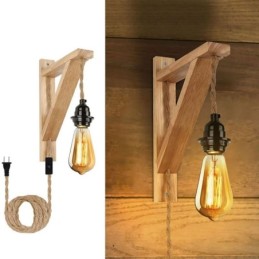 Aplique de parede de madeira maciça American Pastoral Retro Hemp String Wall Light com plugue