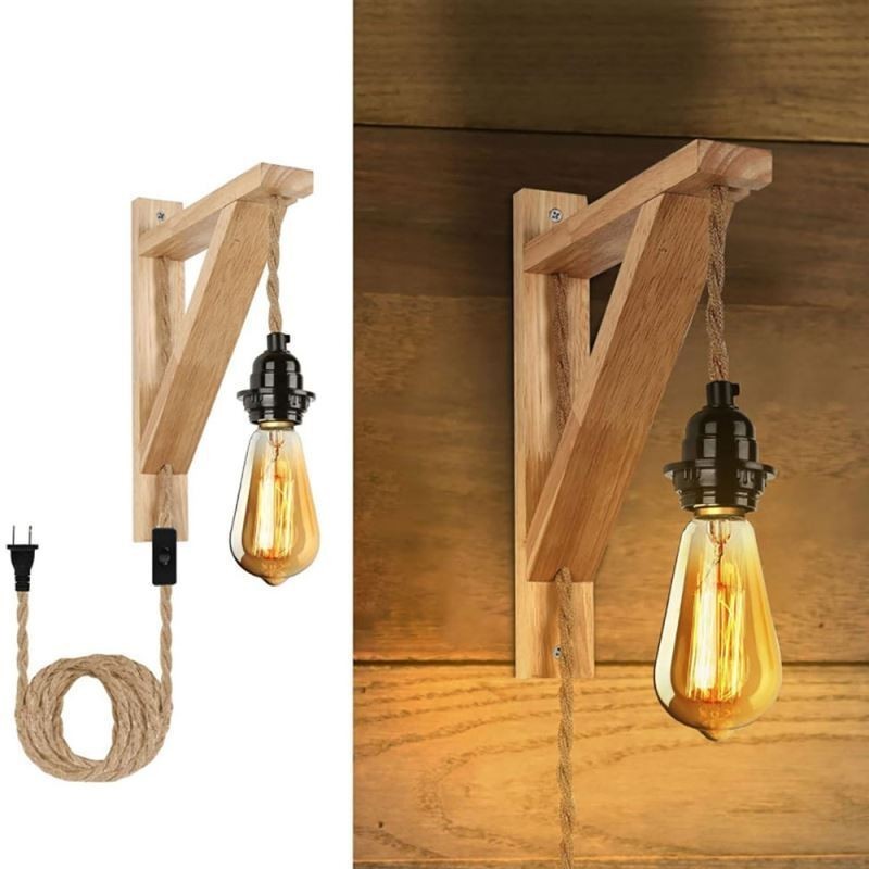 Aplique de parede de madeira maciça American Pastoral Retro Hemp String Wall Light com plugue