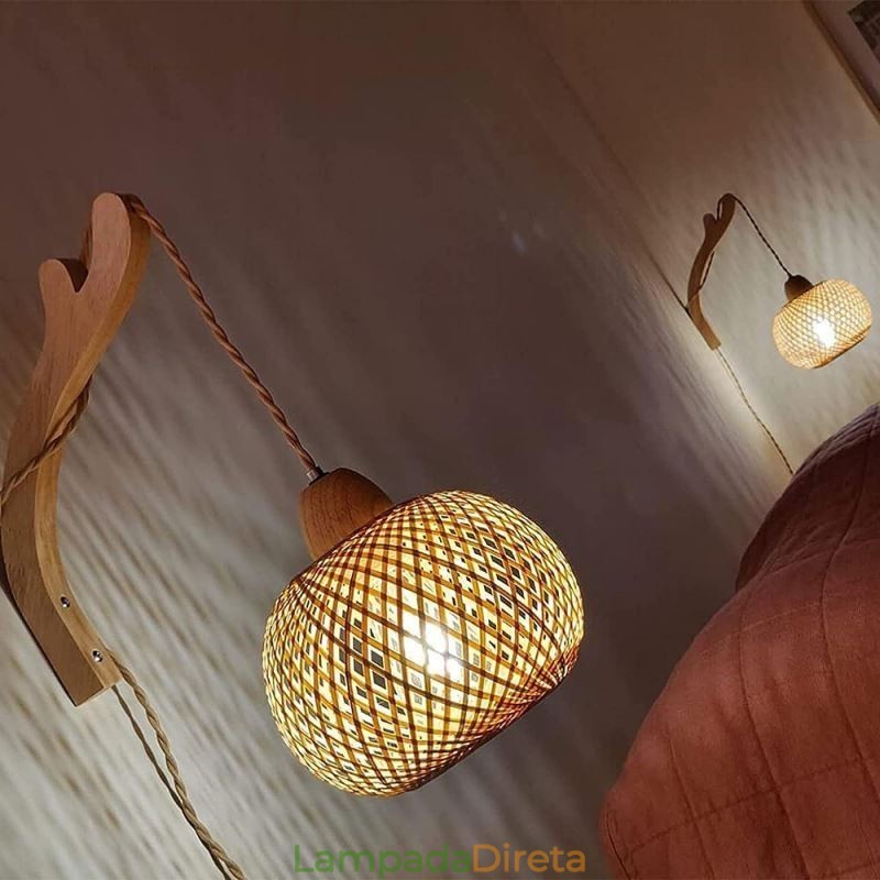 Luminária de parede de bambu American Pastoral Retro Hemp String Wall Light com plugue