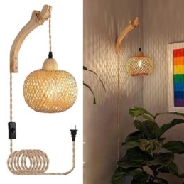 Luminária de parede de bambu American Pastoral Retro Hemp String Wall Light com plugue