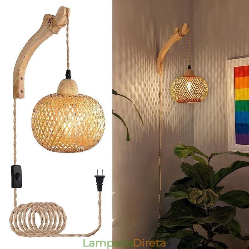 Luminária de parede de bambu American Pastoral Retro Hemp String Wall Light com plugue