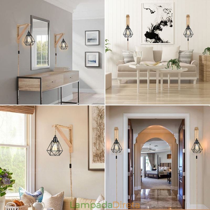 American Retro Wall Sconce 2.5M Corda de Cânhamo Fio Pendurado Abajur de Ferro Preto Pintado