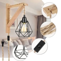 American Retro Wall Sconce 2.5M Corda de Cânhamo Fio Pendurado Abajur de Ferro Preto Pintado