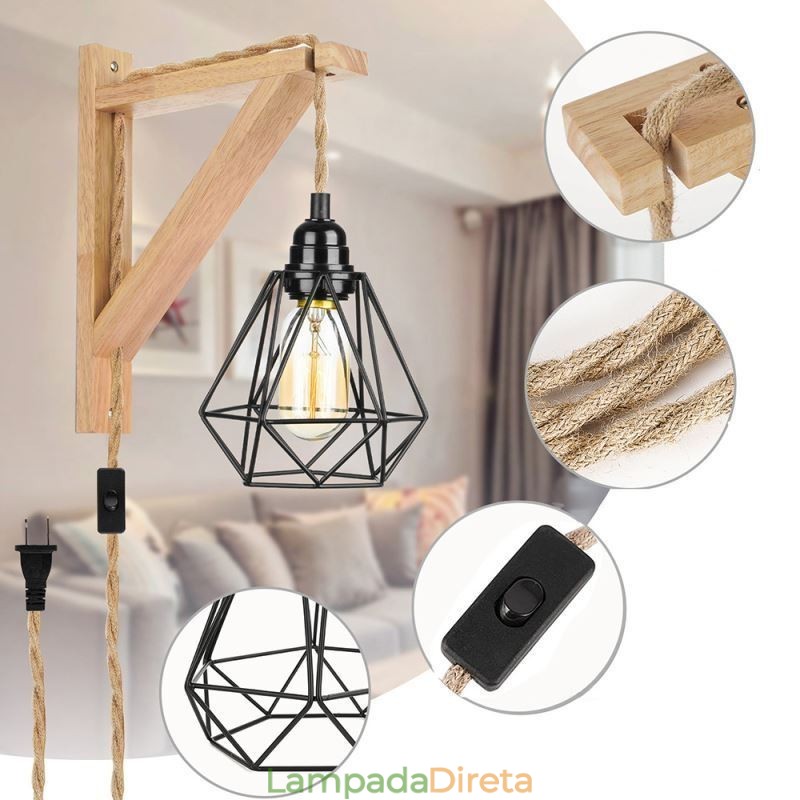 American Retro Wall Sconce 2.5M Corda de Cânhamo Fio Pendurado Abajur de Ferro Preto Pintado