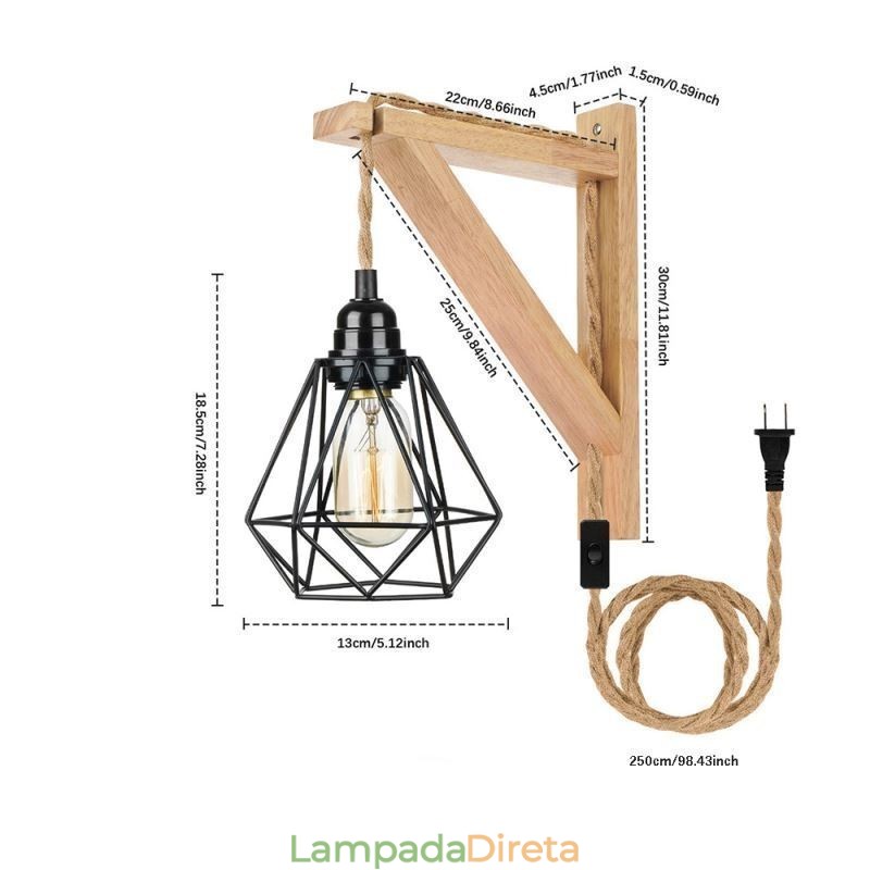 American Retro Wall Sconce 2.5M Corda de Cânhamo Fio Pendurado Abajur de Ferro Preto Pintado