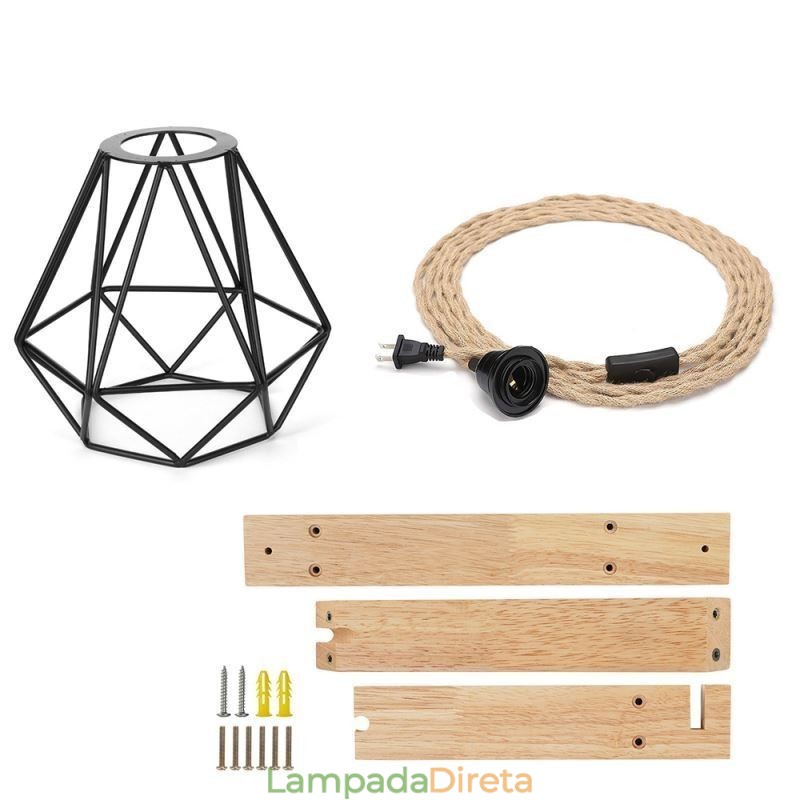 American Retro Wall Sconce 2.5M Corda de Cânhamo Fio Pendurado Abajur de Ferro Preto Pintado