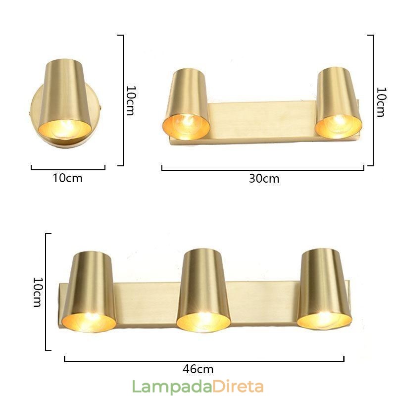 Luminária de parede com foco de luz frontal de espelho de latão nórdico