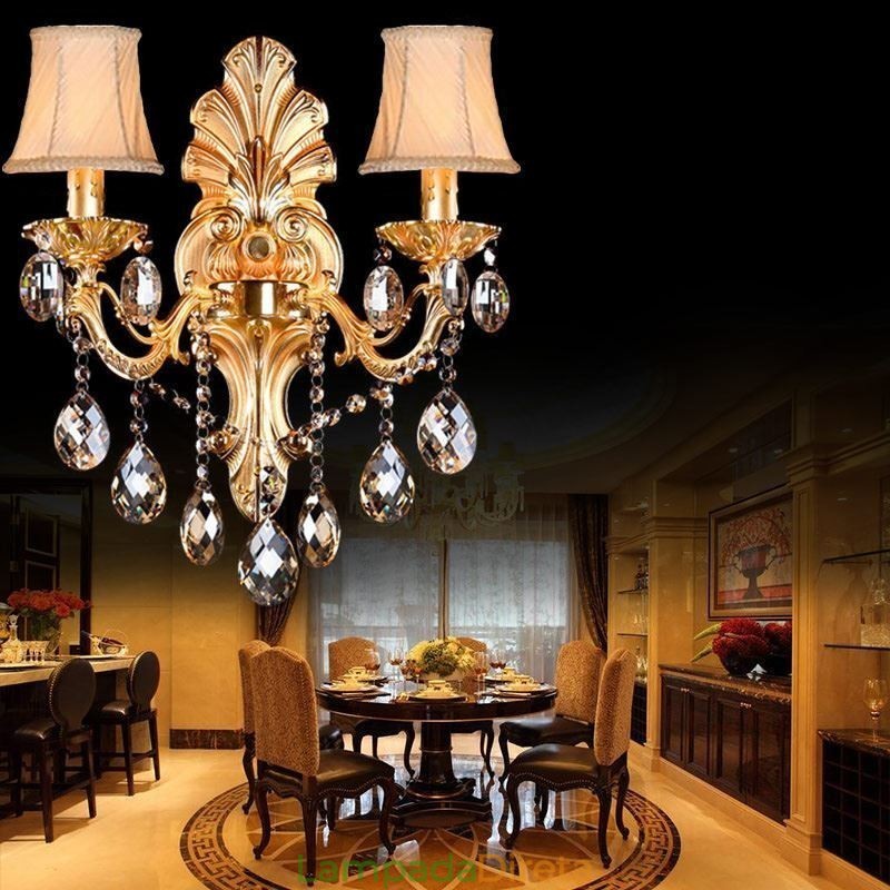 Luminária de parede europeia Golden Petal Wall Sconce Exquisite Crystal Drops Light Iluminação de cabeceira