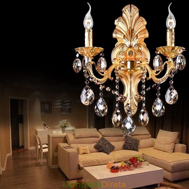 Luminária de parede europeia Golden Petal Wall Sconce Exquisite Crystal Drops Light Iluminação de cabeceira