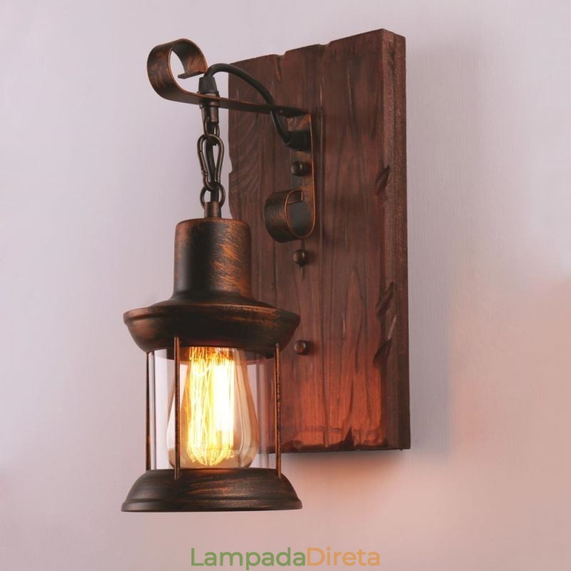 Luminária de parede vintage americana industrial LOFT, luminária de parede em madeira maciça e vidro