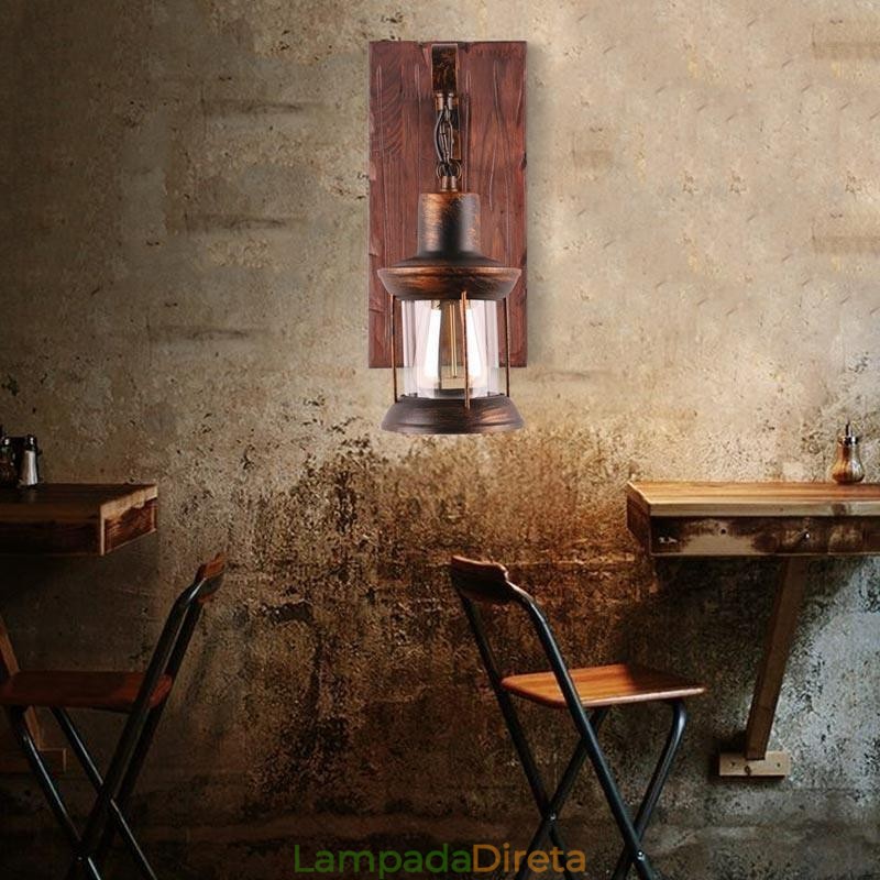 Luminária de parede vintage americana industrial LOFT, luminária de parede em madeira maciça e vidro