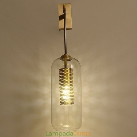 Luminária de parede nórdica de latão com cilindro oco interno e abajur de vidro Luminária de parede nórdica de latão com cilindro oco interno e abajur de vidro
