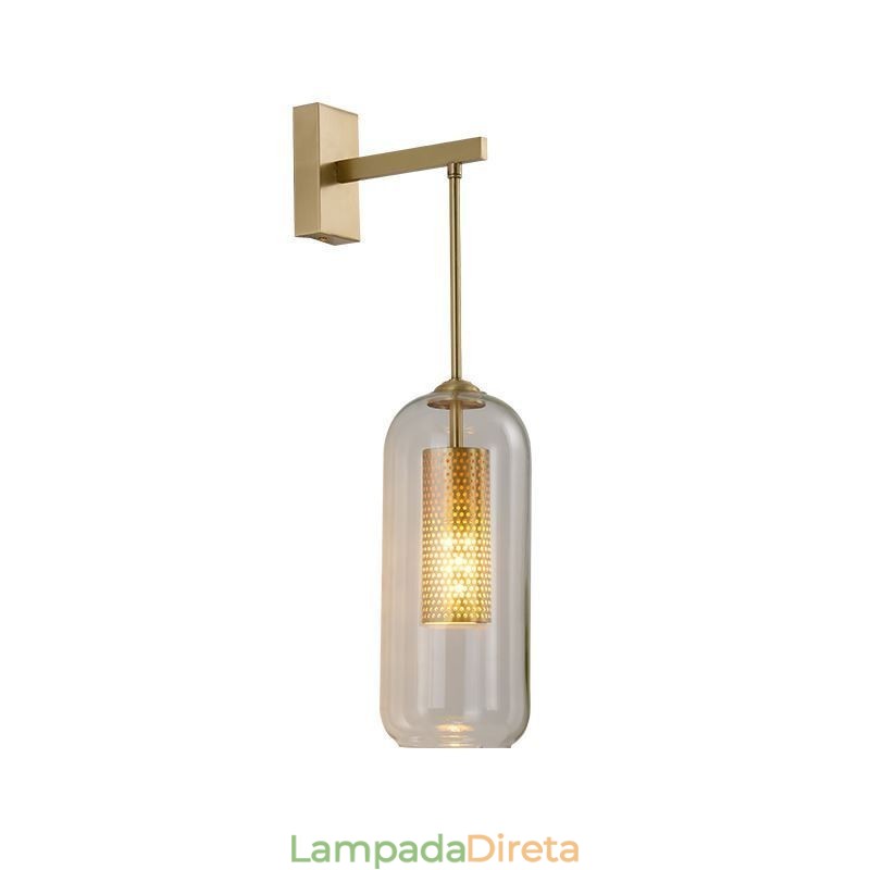 Luminária de parede nórdica de latão com cilindro oco interno e abajur de vidro