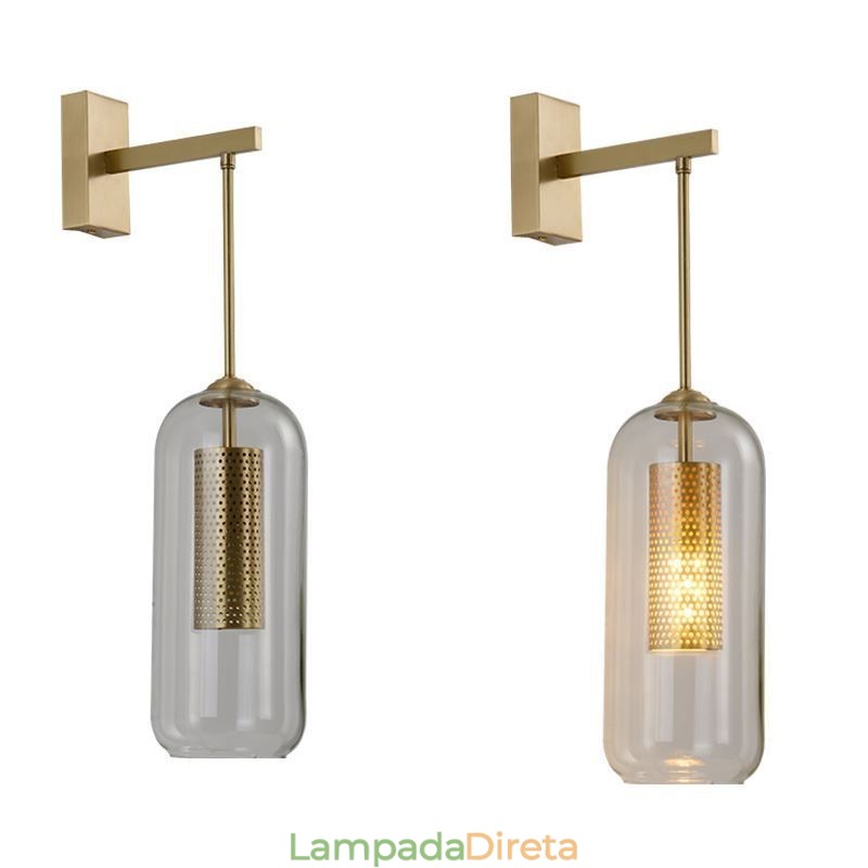 Luminária de parede nórdica de latão com cilindro oco interno e abajur de vidro