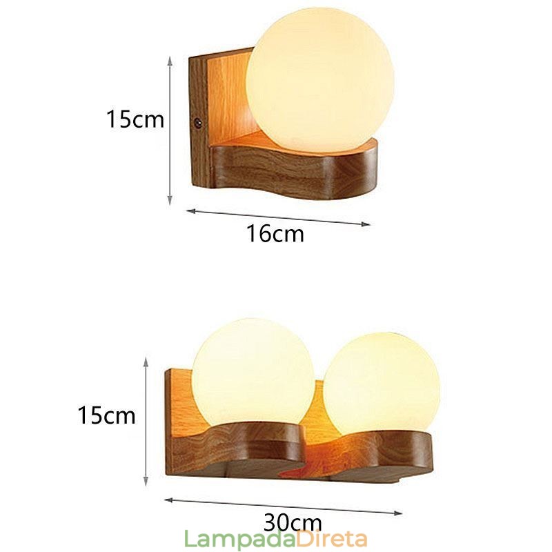 Luminária de parede nórdica de madeira maciça, luminária aconchegante em formato de bola
