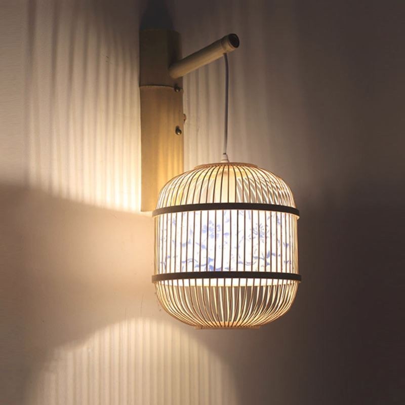 Luminária de parede com design de gaiola Luminária de parede de bambu criativa para pendurar na cabeceira Luz decorativa