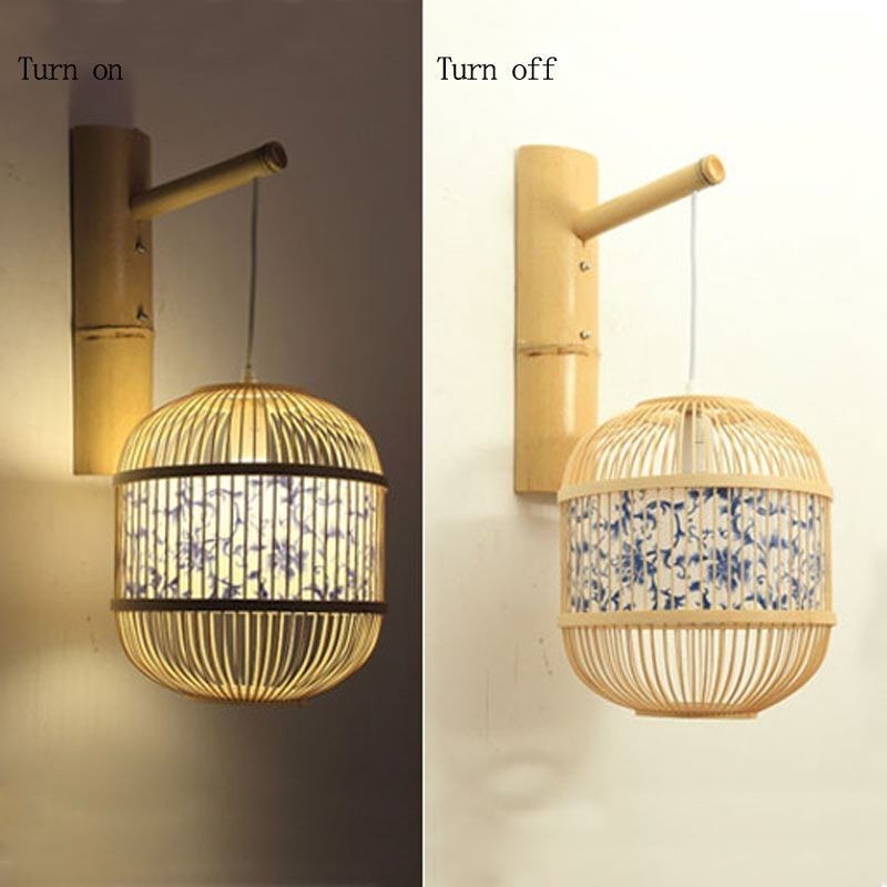 Luminária de parede com design de gaiola Luminária de parede de bambu criativa para pendurar na cabeceira Luz decorativa