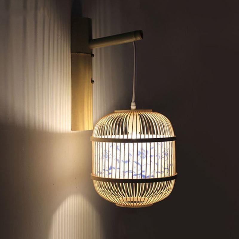Luminária de parede com design de gaiola Luminária de parede de bambu criativa para pendurar na cabeceira Luz decorativa
