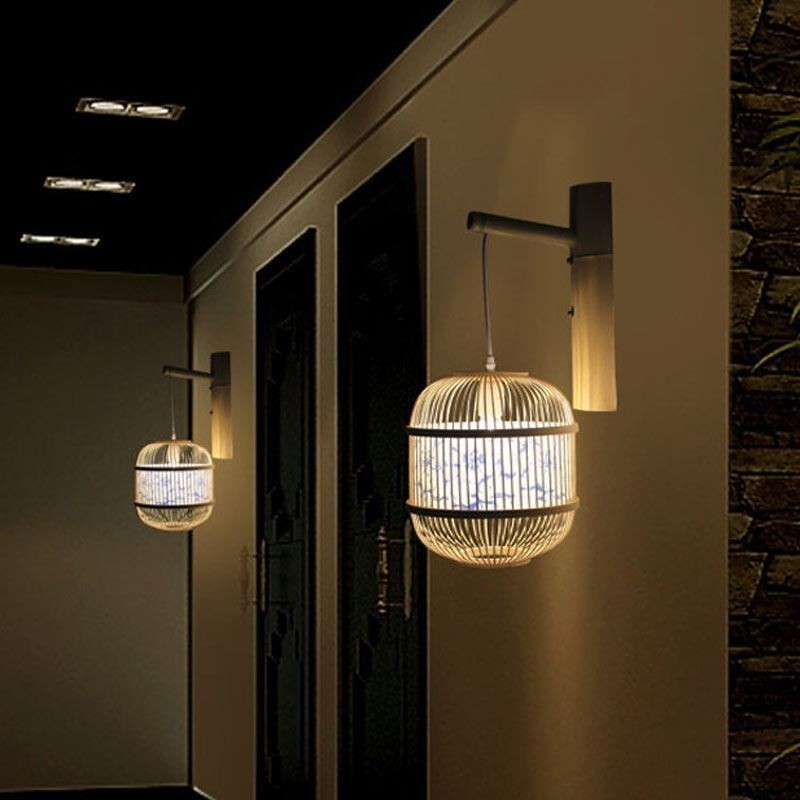 Luminária de parede com design de gaiola Luminária de parede de bambu criativa para pendurar na cabeceira Luz decorativa