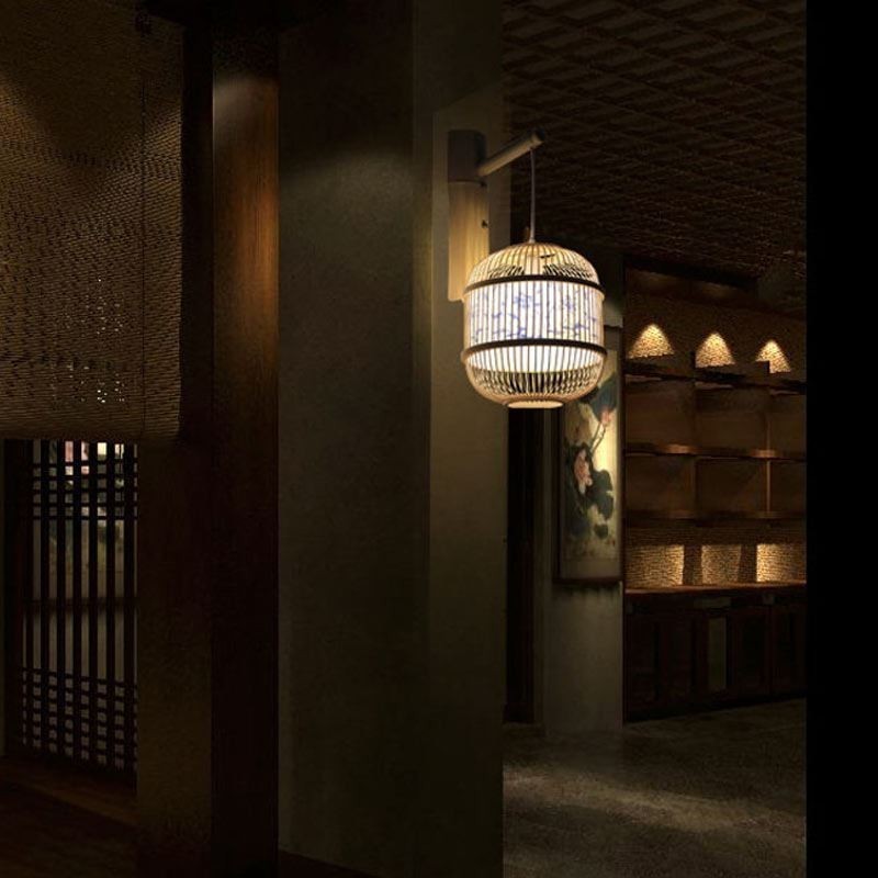 Luminária de parede com design de gaiola Luminária de parede de bambu criativa para pendurar na cabeceira Luz decorativa