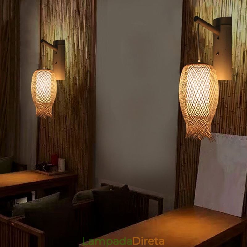 Luminária de parede de bambu descendente, arandela redonda rural, cabeceira, casa de chá, luz criativa
