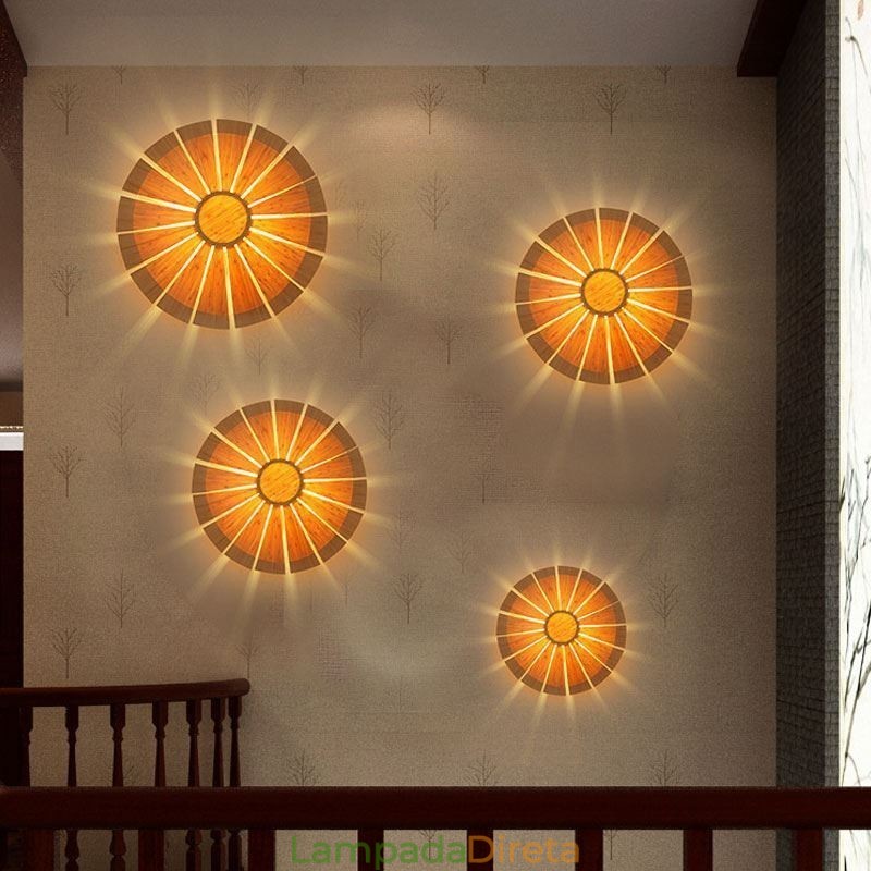 Arandela de parede redonda com flores Luz de parede de bambu exclusiva Iluminação decorativa criativa