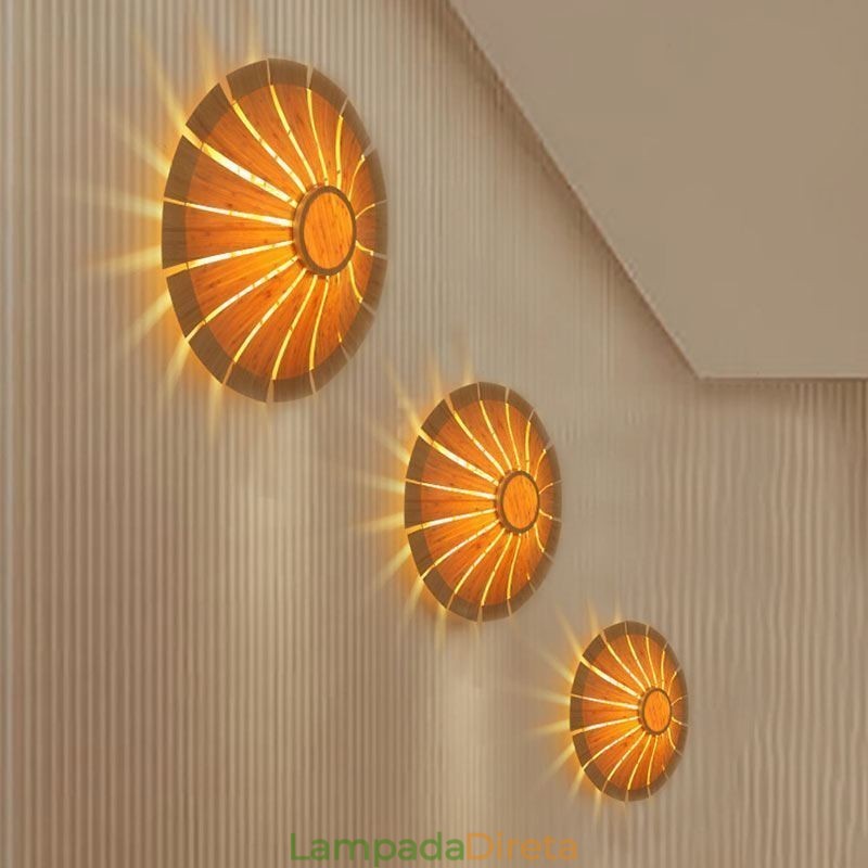 Arandela de parede redonda com flores Luz de parede de bambu exclusiva Iluminação decorativa criativa